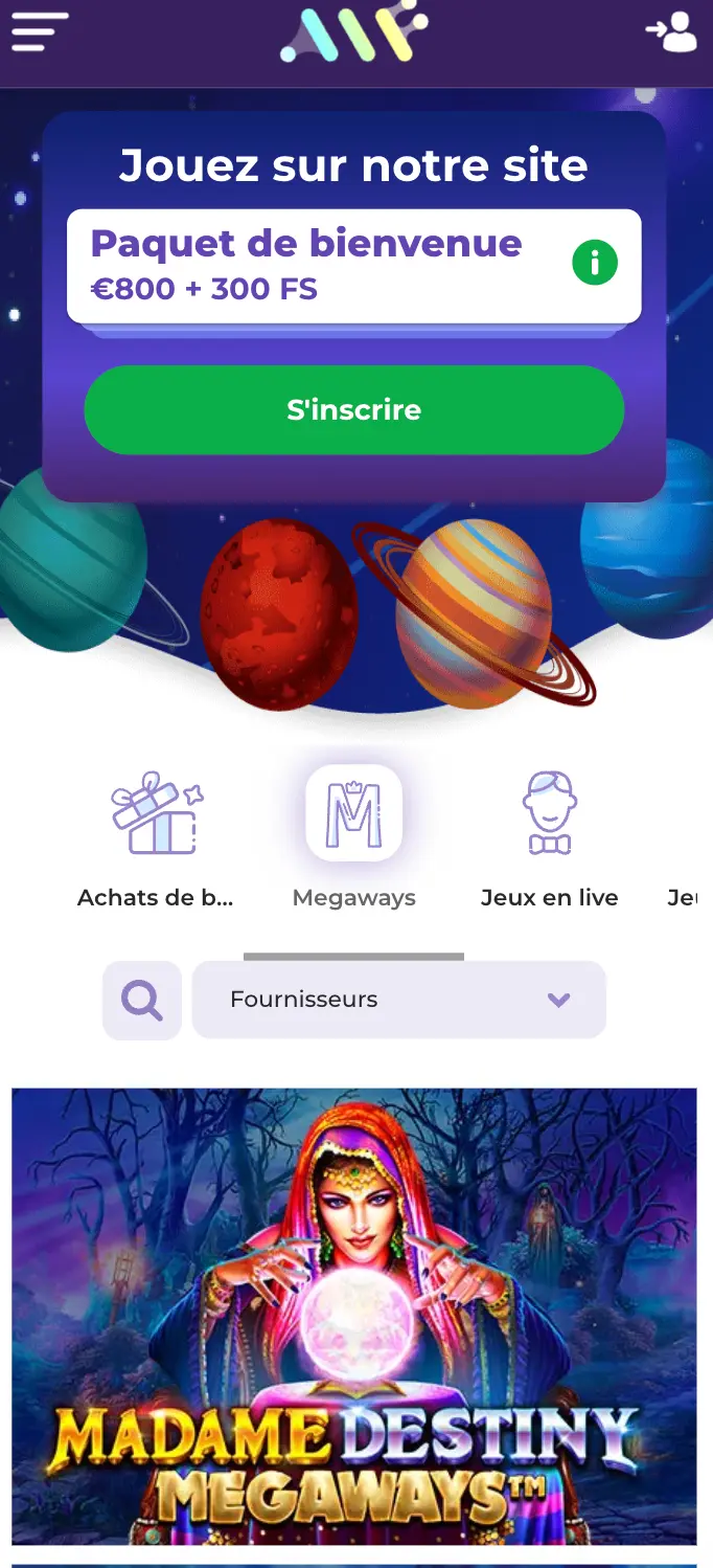 Page mobile de casino en ligne avec offre de bienvenue de 800 € + 300 tours gratuits et jeux populaires comme Madame Destiny Megaways.