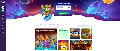 Page d’accueil du casino en ligne avec offre de bienvenue €800 + 300 tours gratuits et sélection de nouveaux jeux.