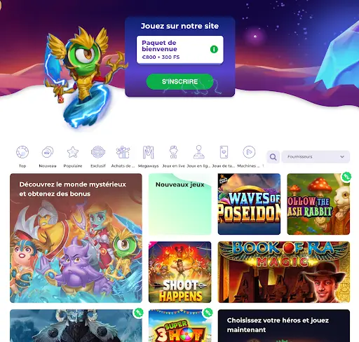 Casino en ligne – Bonus de bienvenue 800 € + 300 tours gratuits et jeux populaires. Page d’accueil d’un casino en ligne avec héros animés, offre de bienvenue jusqu’à 800 € et 300 tours gratuits, ainsi qu’une sélection de jeux populaires.