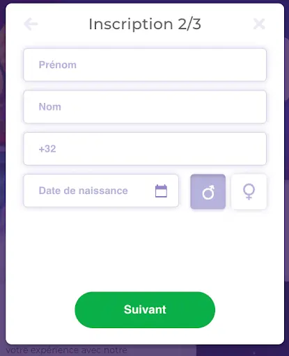 Inscription au casino en ligne – étape 2/3. Formulaire d’inscription au casino – étape 2 sur 3 avec champs prénom, nom, téléphone, date de naissance et sélection du sexe.