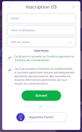 Inscription au casino en ligne – étape 1/3. Formulaire d’inscription au casino – étape 1 sur 3 avec champs email, nom d’utilisateur et mot de passe.