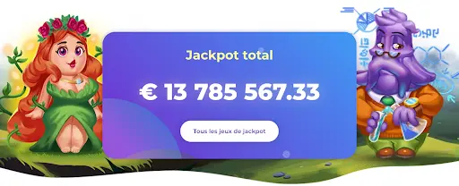 Jackpot total du casino en ligne – 13 785 567,33 €. Bannière colorée avec un jackpot total affiché à 13 785 567,33 €, accompagnée de personnages de dessin animé.