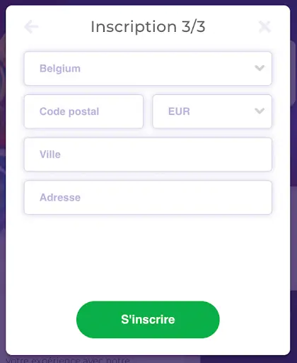 Inscription au casino en ligne – étape finale 3/3. Formulaire d’inscription au casino – étape 3 sur 3 avec champs pays, code postal, devise, ville et adresse.