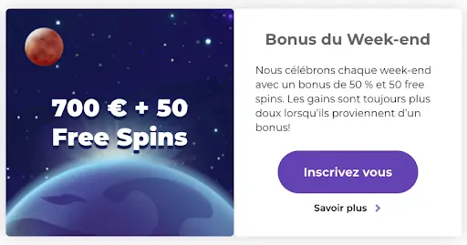 Offre hebdomadaire – obtenez 50 tours gratuits chaque semaine. Bonus hebdomadaire de 50 Free Spins pour machines à sous en ligne.