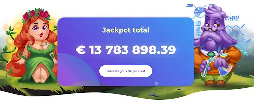 Affichage du jackpot total de plus de 13,7 millions d’euros avec personnages de casino animés.